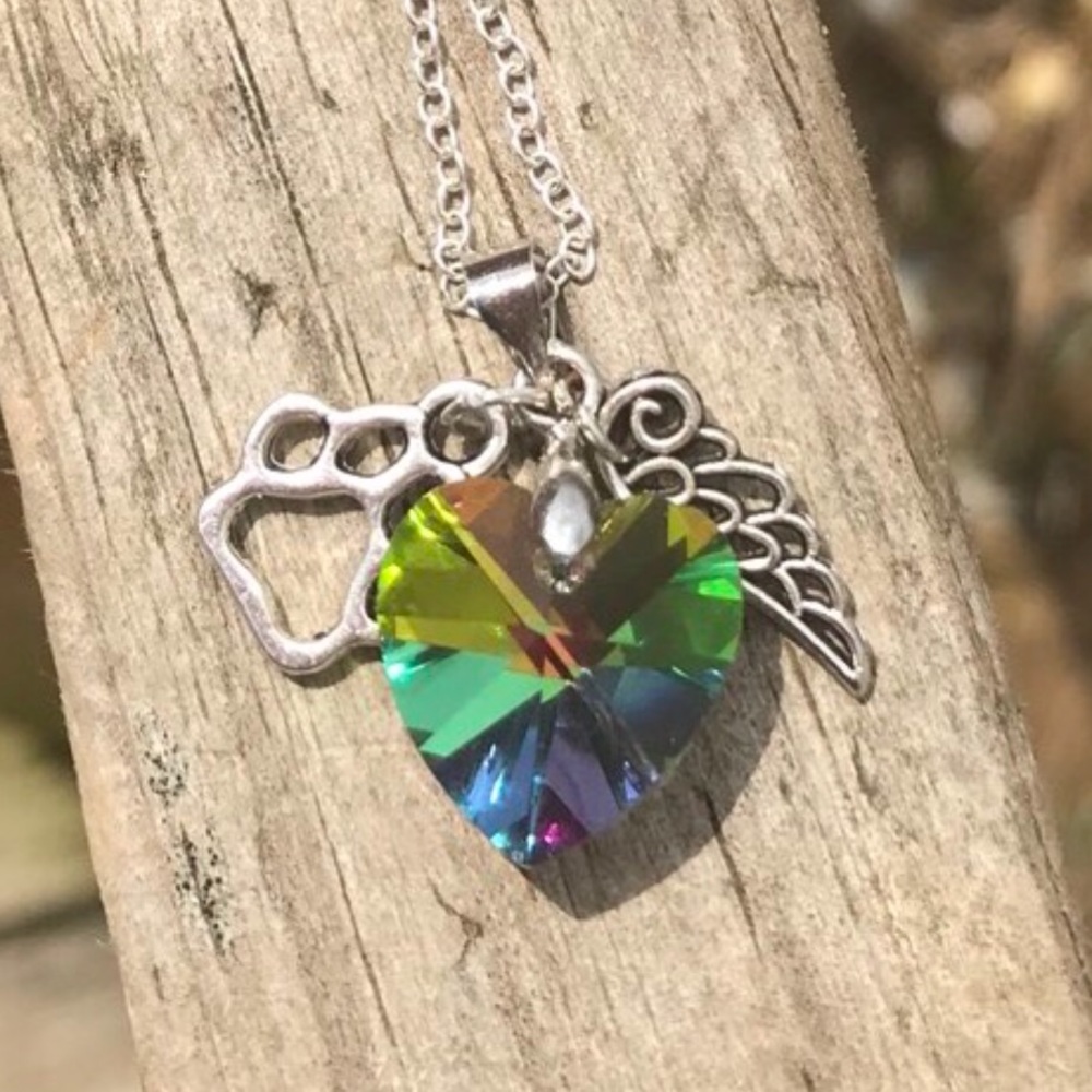 Colorful Crystal Paw Angel Wing Necklace Dog Cat